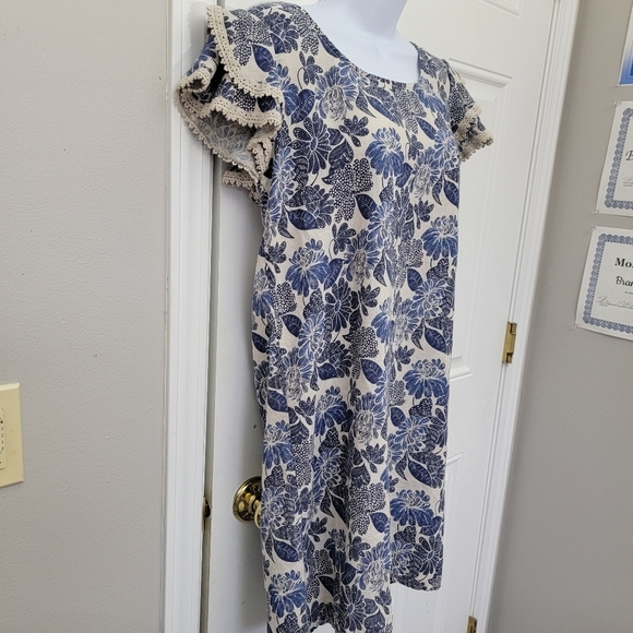 Luisa Perla Made In Italy Crochet Trim Flutter Sleeve Blue Tan Linen Dress Small - Picture 5 of 11